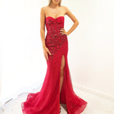 Sparkling dark red mermaid dress with bustier top for hire