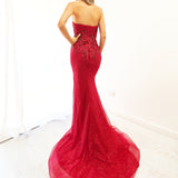Sparkling dark red mermaid dress with bustier top for hire