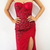 Sparkling dark red mermaid dress with bustier top for hire