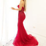 Sparkling dark red mermaid dress with bustier top for hire