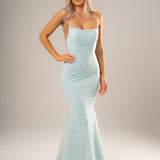 Blue sparkling mermaid dress crescent moon neckline