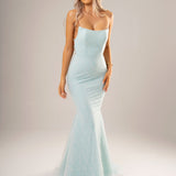 Blue sparkling mermaid dress crescent moon neckline