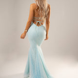 Blue sparkling mermaid dress crescent moon neckline