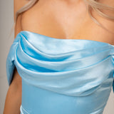 Baby Blue Satin mermaid dress with off the shoulder and high slit