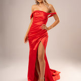 Bright Red Satin mermaid dress with off the shoulder and high slit