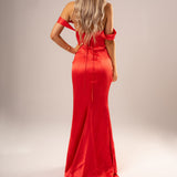 Bright Red Satin mermaid dress with off the shoulder and high slit