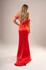 Bright Red Satin mermaid dress with off the shoulder and high slit for hire