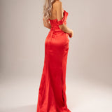Bright Red Satin mermaid dress with off the shoulder and high slit for hire