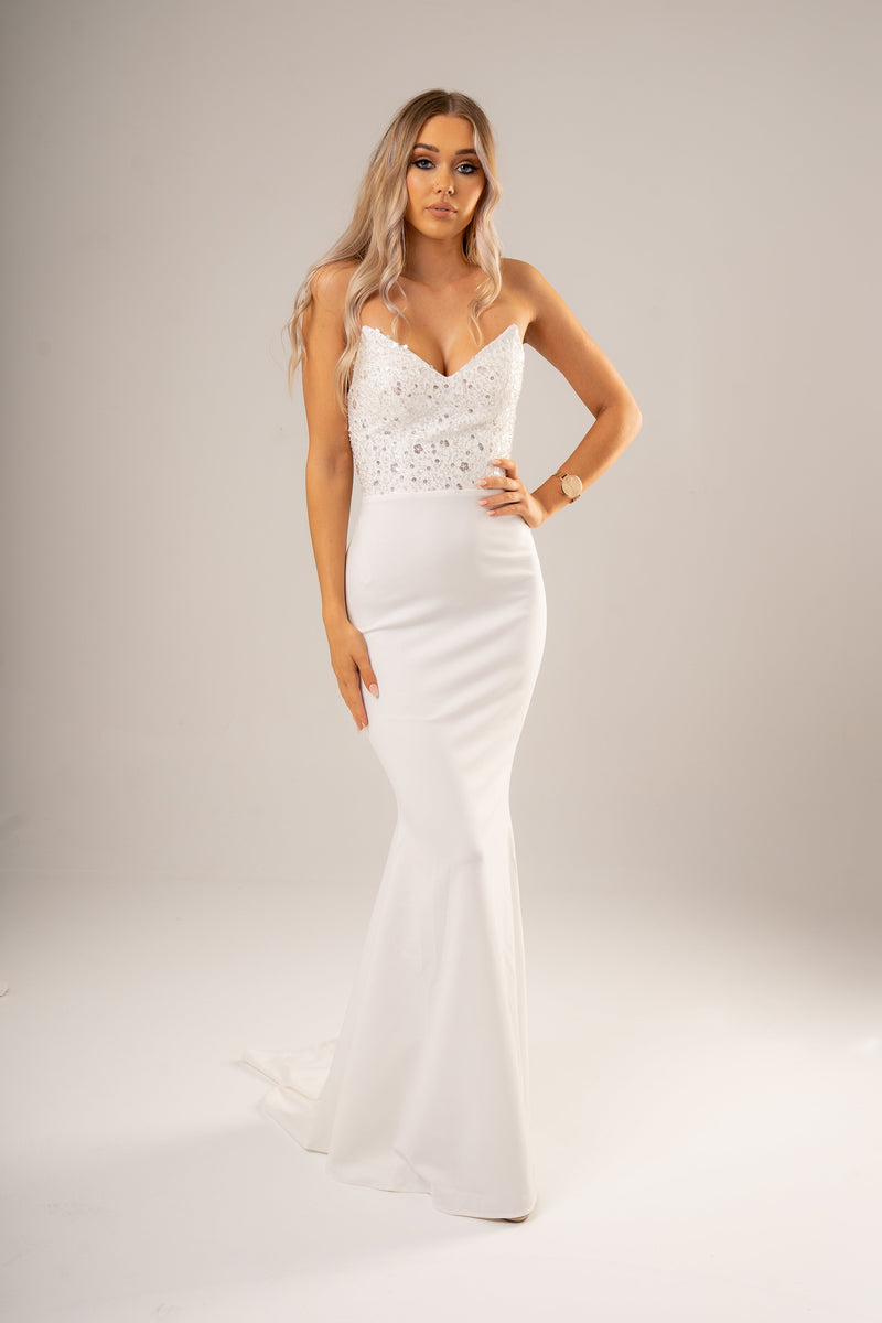 White beaded lace V neck mermaid dress (sales)