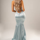Steel blue satin mermaid dress with beaded lace top and lace up back