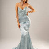 Everly steel blue satin mermaid dress with beaded lace top and lace up back (sales)