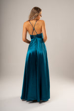 Josie Teal deep v cut neckline with a slit and lace up back