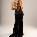 Black Satin with a Wavy Neckline and a high slit