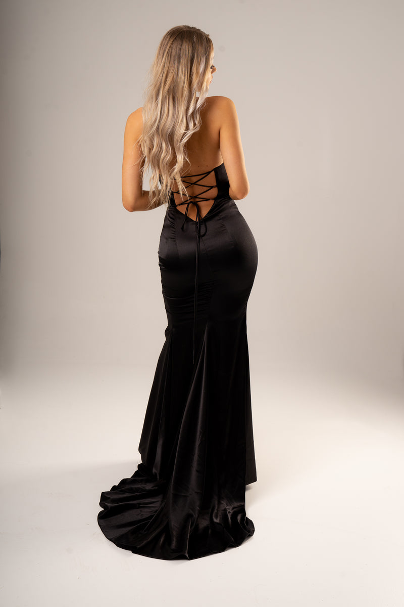 Selina Black Satin with a Wavy Neckline and a high slit