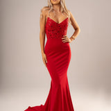Red beaded lace V neck mermaid dress