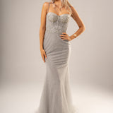 Sparkling silverbustier mermaid dress for hire