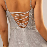 Sparkling silverbustier mermaid dress for hire