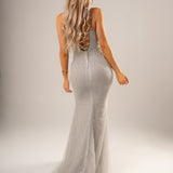 Sparkling silverbustier mermaid dress for hire