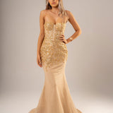 Sparkling gold bustier mermaid dress for hire