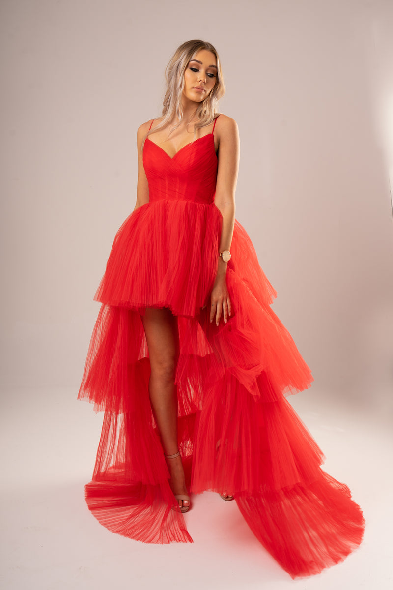 Bonnie red pleated layered high and low tulle dress