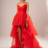 Red pleated layered high and low tulle dress for hire