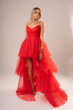 Bonnie red pleated layered high and low tulle dress for hire