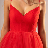 Red pleated layered high and low tulle dress for hire