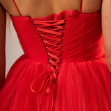 Red pleated layered high and low tulle dress for hire