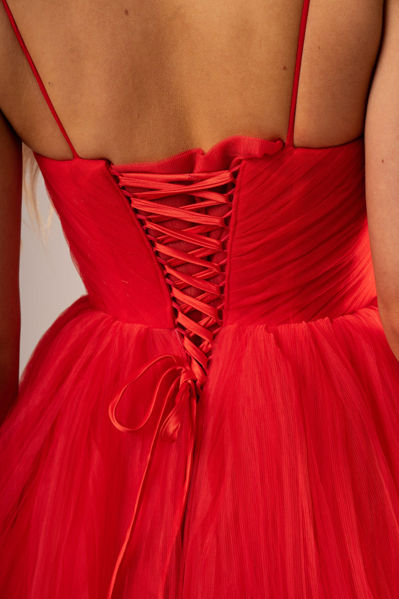 Bonnie red pleated layered high and low tulle dress for hire