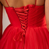 Red pleated layered high and low tulle dress (sample sale)