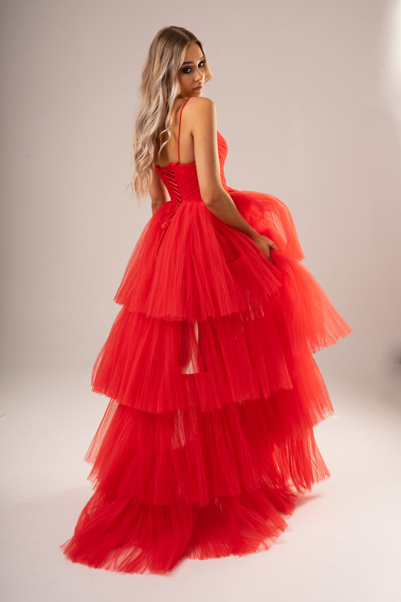 Bonnie red pleated layered high and low tulle dress
