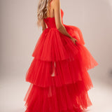 Red pleated layered high and low tulle dress for hire