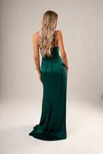 Forest green satin mermaid dress with wavy neckline with straps for hire