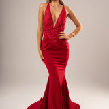 Dark red vine stretch knit Deep-V mermaid dress (sales)