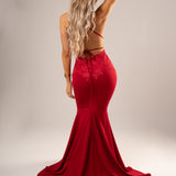 Dark red vine stretch knit Deep-V mermaid dress