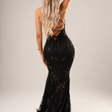 Black sparkling sequin lace dress with V neck and crisscross back