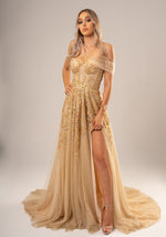 Asana sparkling gold bustier dress for hire