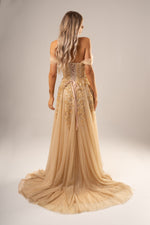 Asana sparkling gold bustier dress for hire