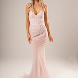 Sparkling pink dress with strapless deep V neckline and corset back