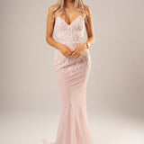 Sparkling pink dress with strapless deep V neckline and corset back