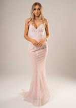 Sparkling pink dress with strapless deep V neckline and corset back