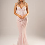 Sparkling pink dress with strapless deep V neckline and corset back fore hire.