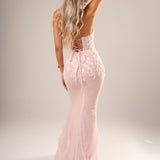 Sparkling pink dress with strapless deep V neckline and corset back
