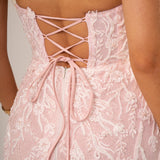 Sparkling pink dress with strapless deep V neckline and corset back
