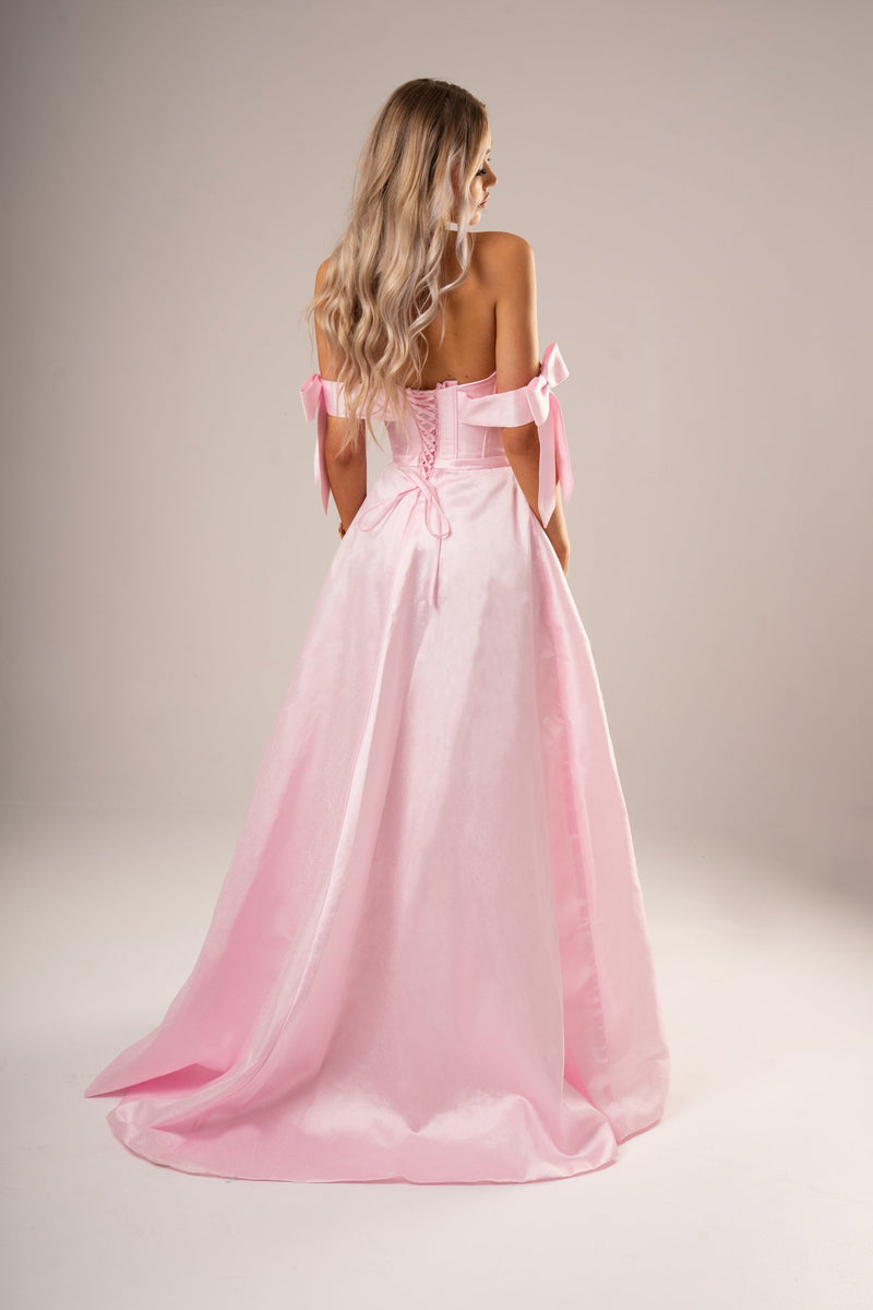 Elle bustier corset pastel pink dress with bows for hire