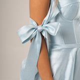 Bustier corset pastel blue dress with bows for hire