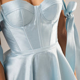 Bustier corset pastel blue dress with bows for hire