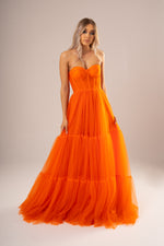 Strapless bustier bright orange princess dress for hire