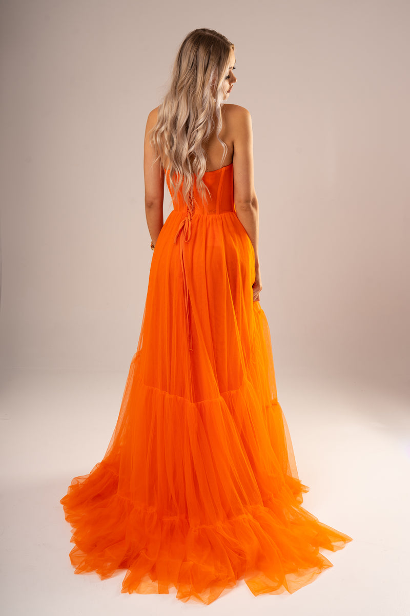 Strapless bustier bright orange princess dress for hire