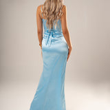 Baby blue satin mermaid dress with wavy neckline with straps for hire